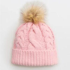 Aerie Pink Cable Knit Beanie with Tan Pom-Pom